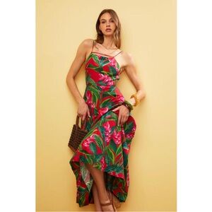 Farm Rio Linen Blend Dream Garden Strappy Drop - Waist Midi Dress, Size M Medium